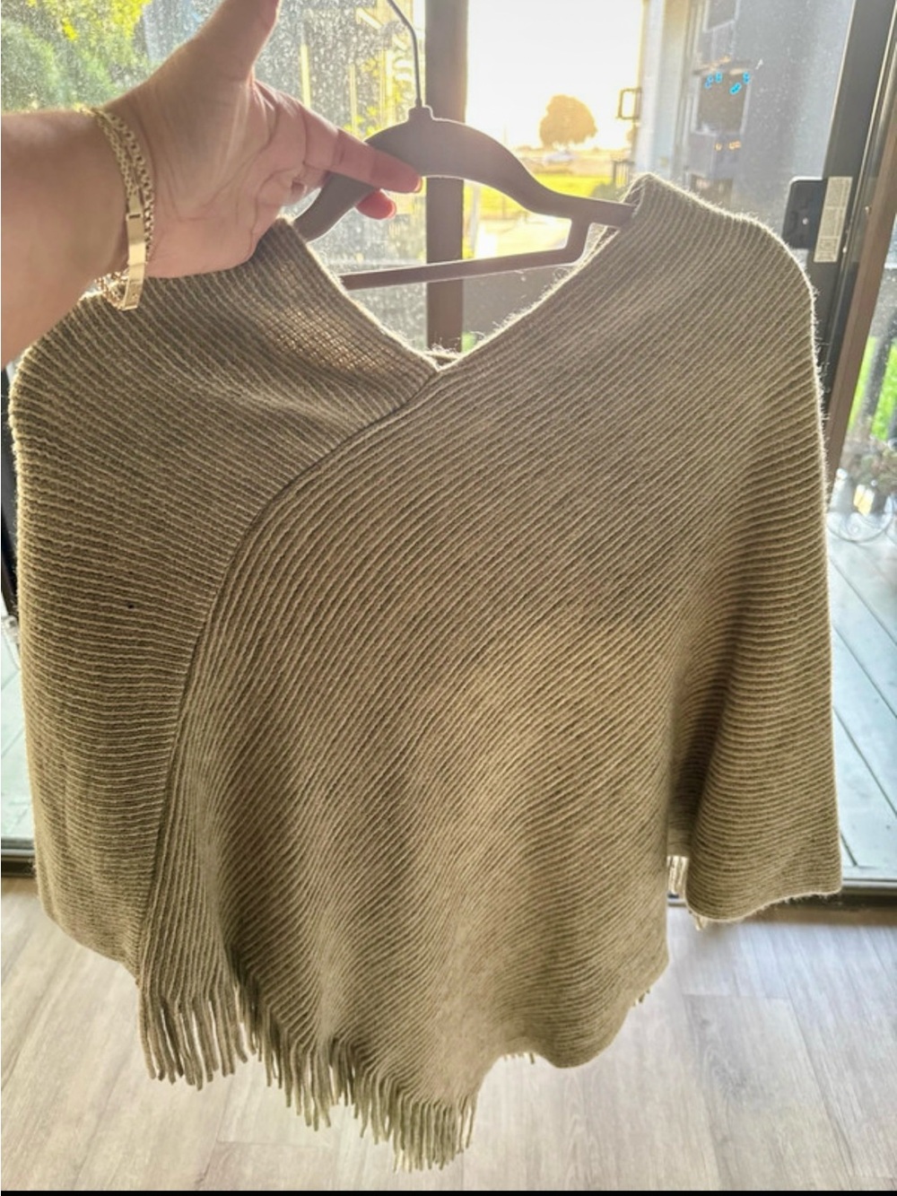 Taupe Fringed Knit Poncho Sweater